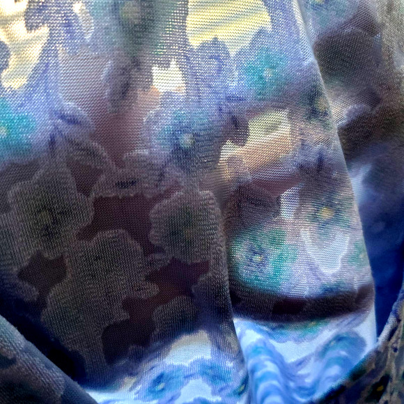 VTG 70s Blue Floral Chain Pattern Open Front Mesh Blouse Handmade Sz L - Picture 6 of 7